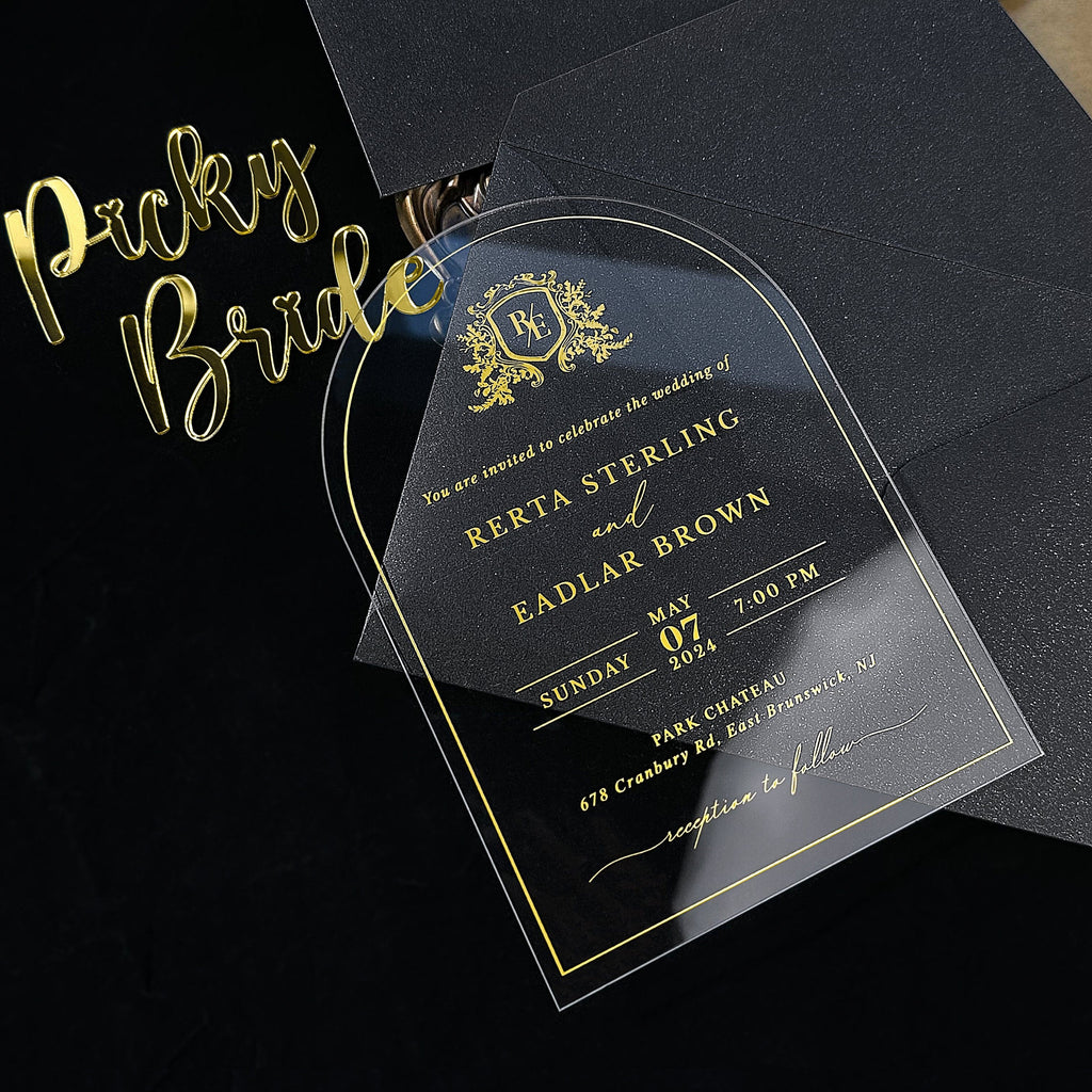 Clear Acrylic Wedding Invitation with Black Envelope,Transparent Invites and Vellum Warps, Customized Wax Seal Wedding Ceremony Supplies Picky Bride 