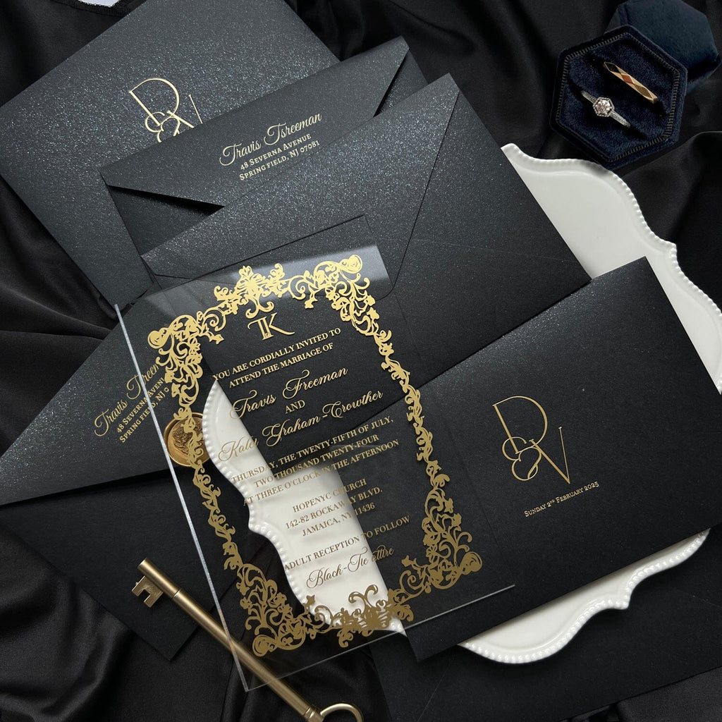 Clear Acrylic Wedding Invitation with Gold Foil Black Envelopes, Transparent Invites, Foil Printing Cards Wedding Ceremony Supplies Picky Bride 