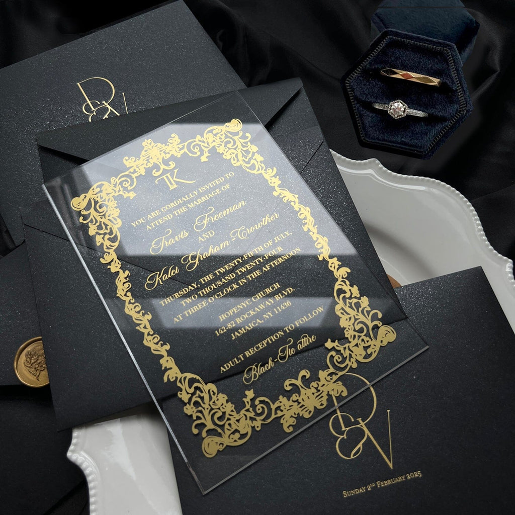 Clear Acrylic Wedding Invitation with Gold Foil Black Envelopes, Transparent Invites, Foil Printing Cards Wedding Ceremony Supplies Picky Bride 