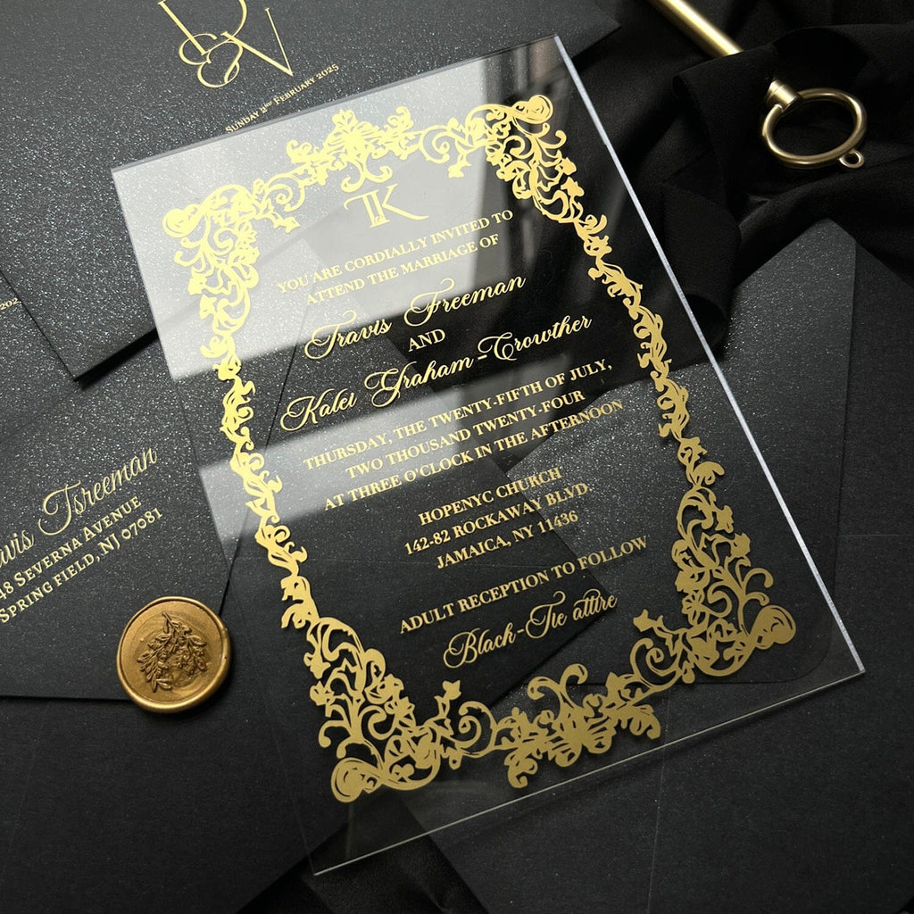 Clear Acrylic Wedding Invitation with Gold Foil Black Envelopes, Transparent Invites, Foil Printing Cards Wedding Ceremony Supplies Picky Bride 