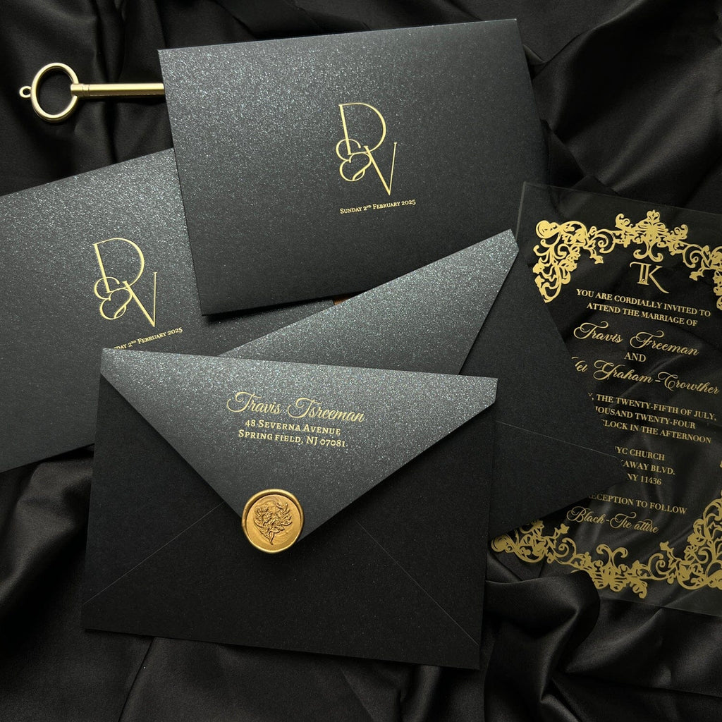 Clear Acrylic Wedding Invitation with Gold Foil Black Envelopes, Transparent Invites, Foil Printing Cards Wedding Ceremony Supplies Picky Bride 