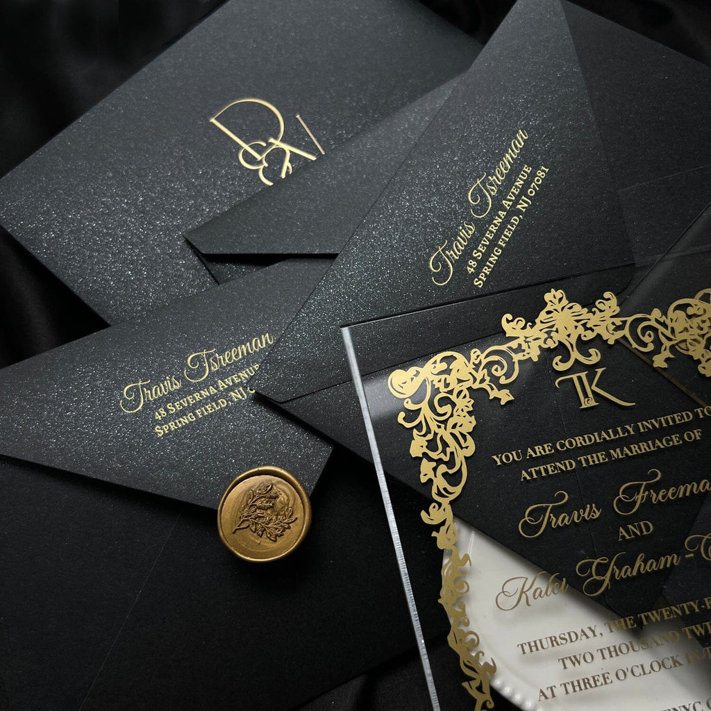 Clear Acrylic Wedding Invitation with Gold Foil Black Envelopes, Transparent Invites, Foil Printing Cards Wedding Ceremony Supplies Picky Bride 