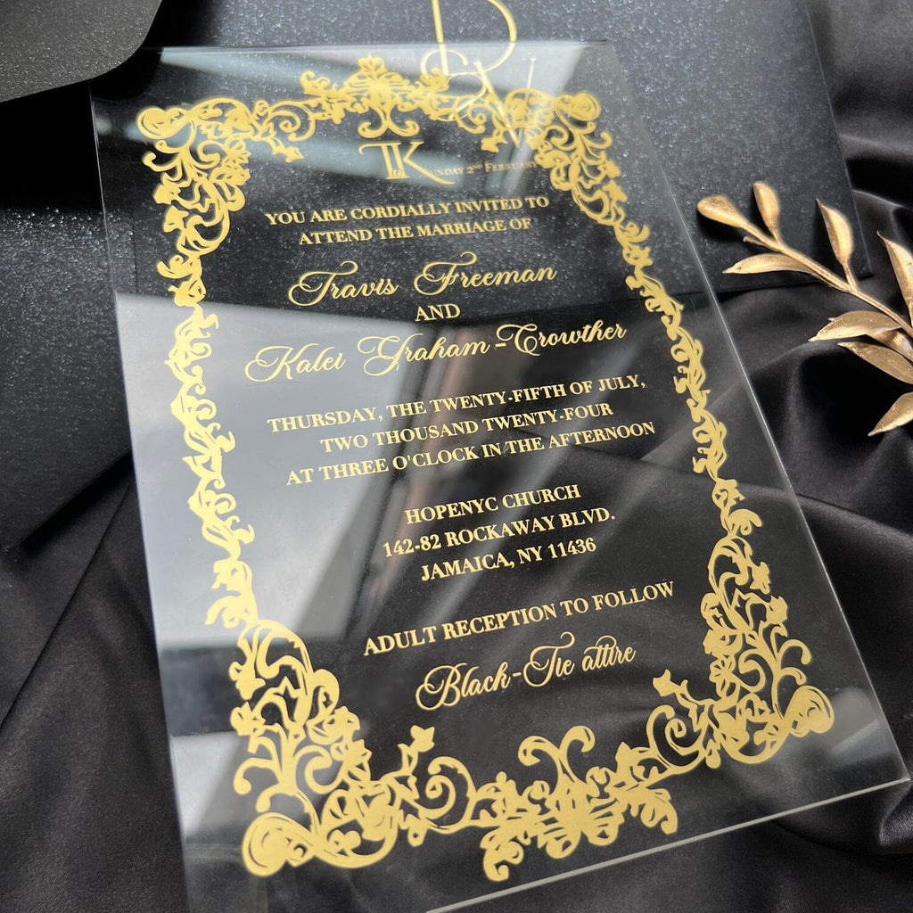 Clear Acrylic Wedding Invitation with Gold Foil Black Envelopes, Transparent Invites, Foil Printing Cards Wedding Ceremony Supplies Picky Bride 