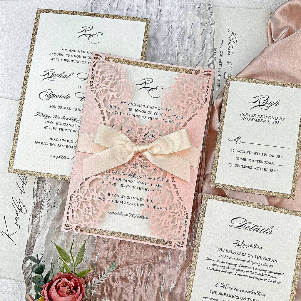 Elegant Blush Pink Laser Cut Wedding Invitations, Romantic Lace Wedding Invites, Glitter Rose Gold Lined Invites with Champagne Ribbon Picky Bride 