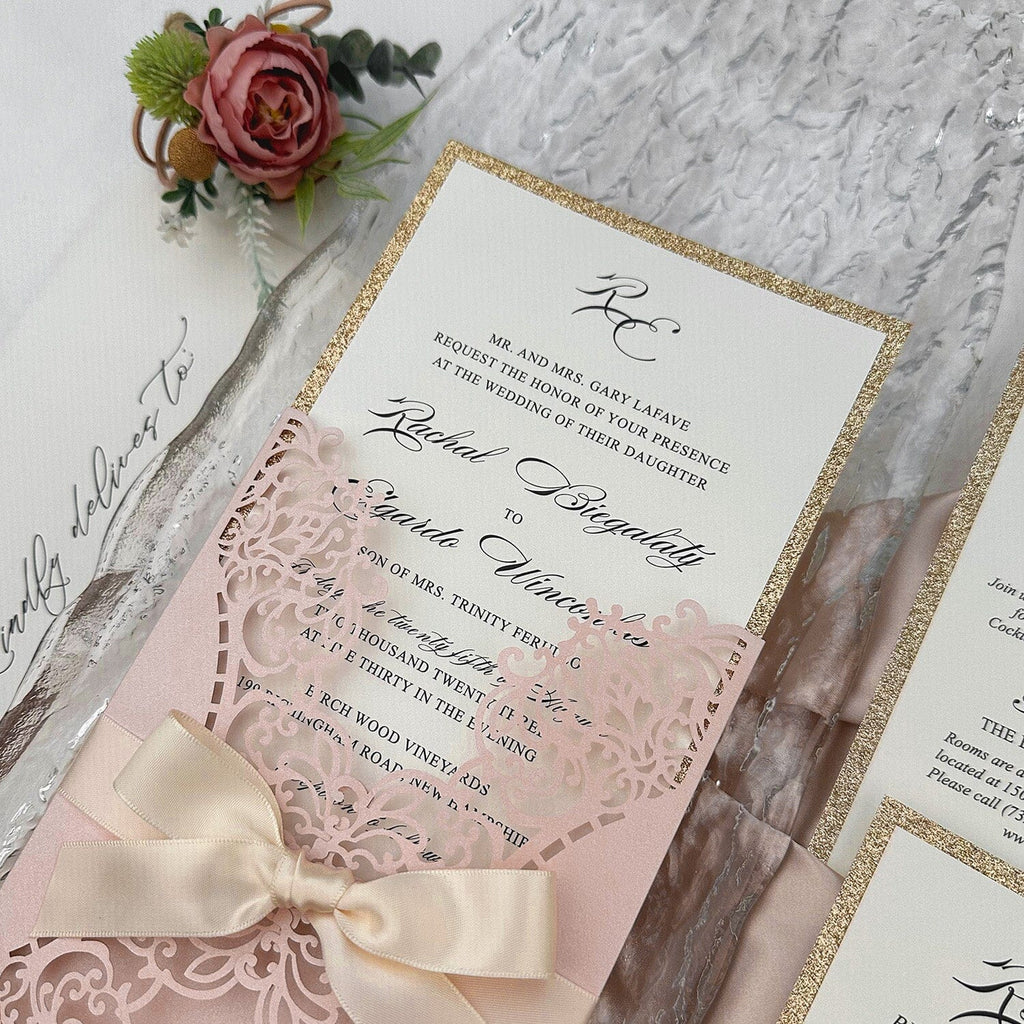 Elegant Blush Pink Laser Cut Wedding Invitations, Romantic Lace Wedding Invites, Glitter Rose Gold Lined Invites with Champagne Ribbon Picky Bride 