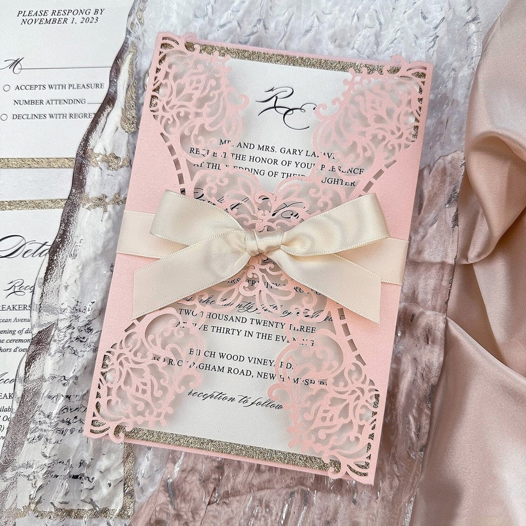 Elegant Blush Pink Laser Cut Wedding Invitations, Romantic Lace Wedding Invites, Glitter Rose Gold Lined Invites with Champagne Ribbon Picky Bride 