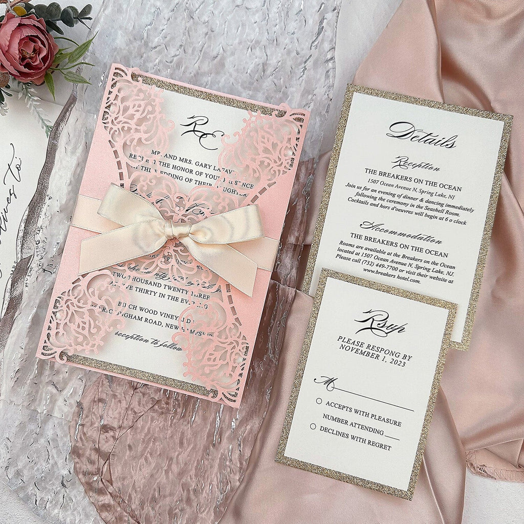 Elegant Blush Pink Laser Cut Wedding Invitations, Romantic Lace Wedding Invites, Glitter Rose Gold Lined Invites with Champagne Ribbon Picky Bride 