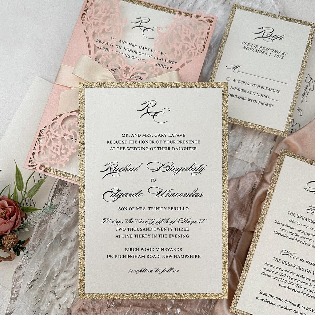 Elegant Blush Pink Laser Cut Wedding Invitations, Romantic Lace Wedding Invites, Glitter Rose Gold Lined Invites with Champagne Ribbon Picky Bride 