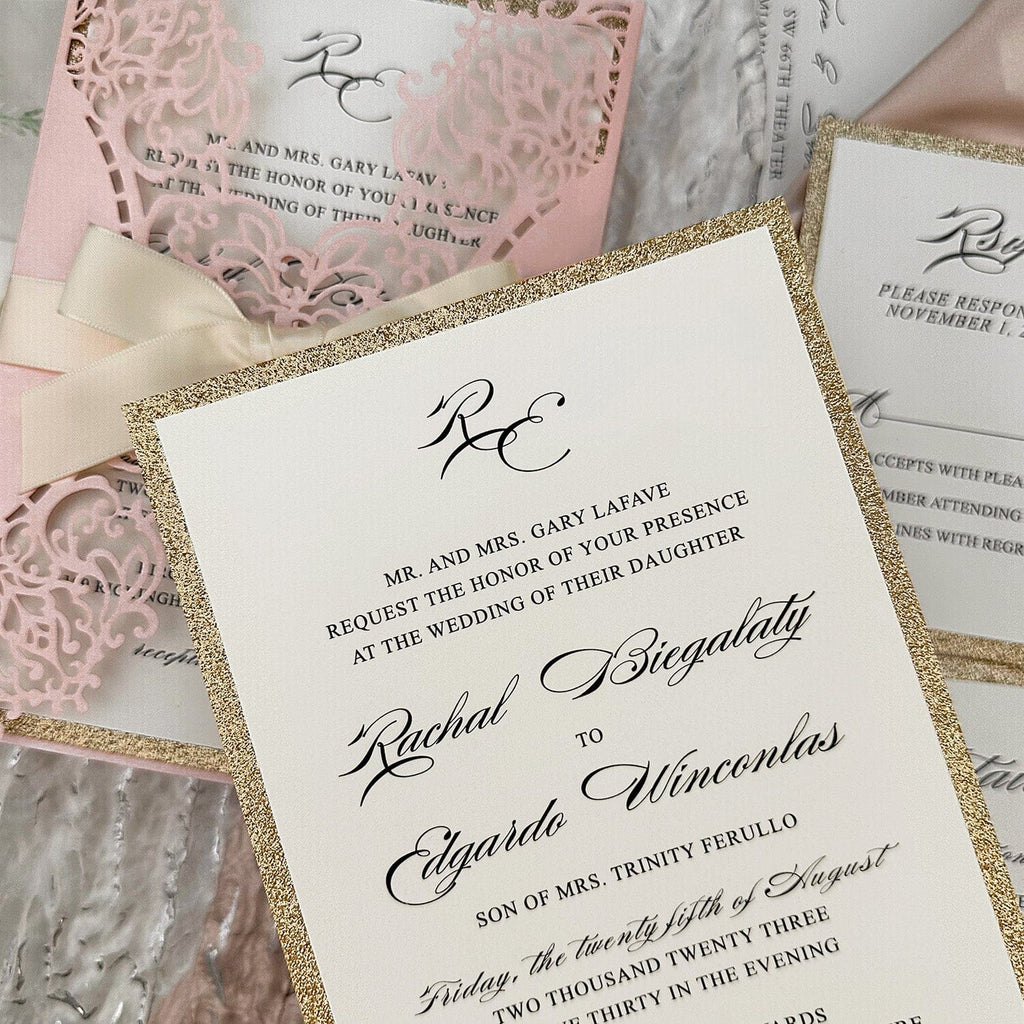 Elegant Blush Pink Laser Cut Wedding Invitations, Romantic Lace Wedding Invites, Glitter Rose Gold Lined Invites with Champagne Ribbon Picky Bride 