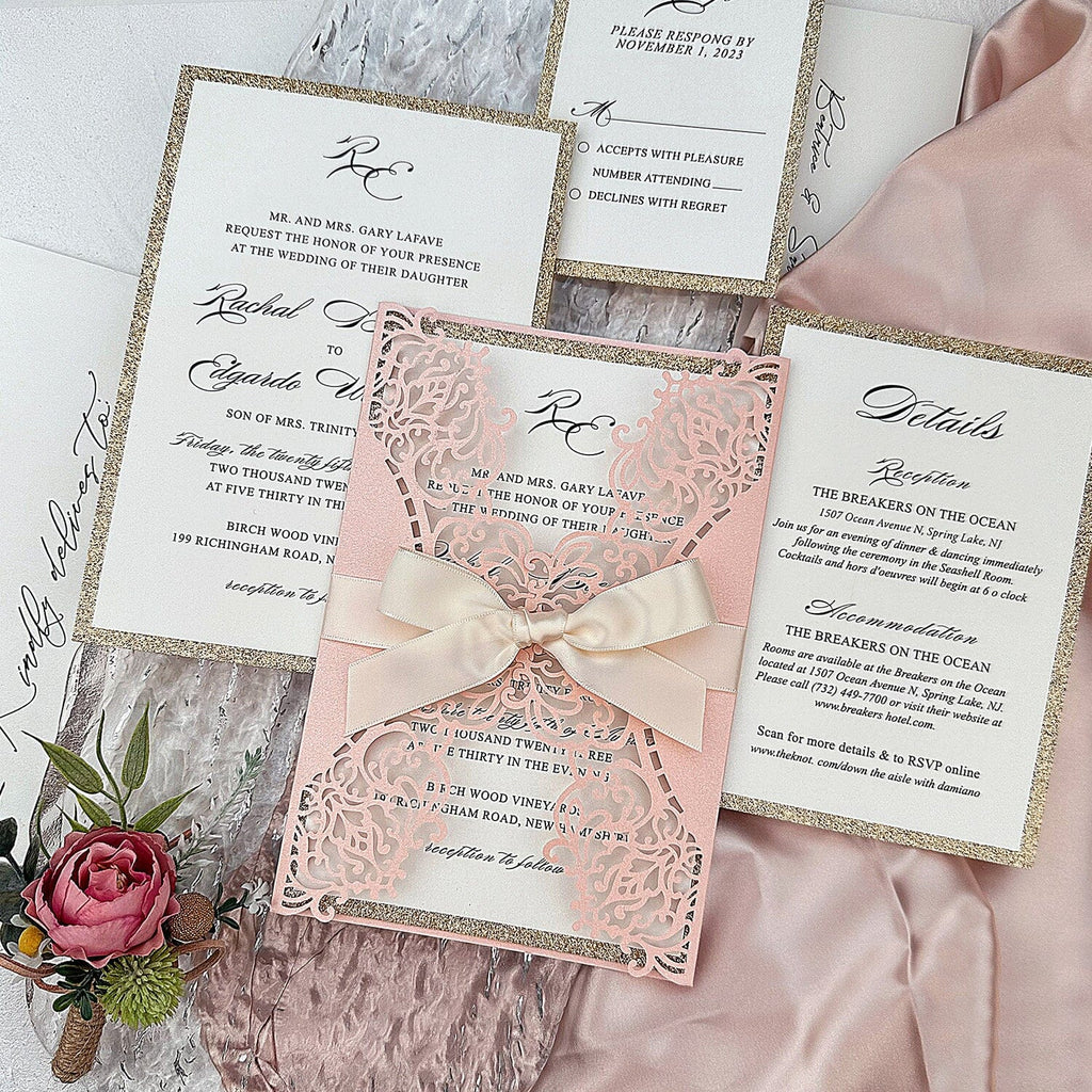 Elegant Blush Pink Laser Cut Wedding Invitations, Romantic Lace Wedding Invites, Glitter Rose Gold Lined Invites with Champagne Ribbon Picky Bride 