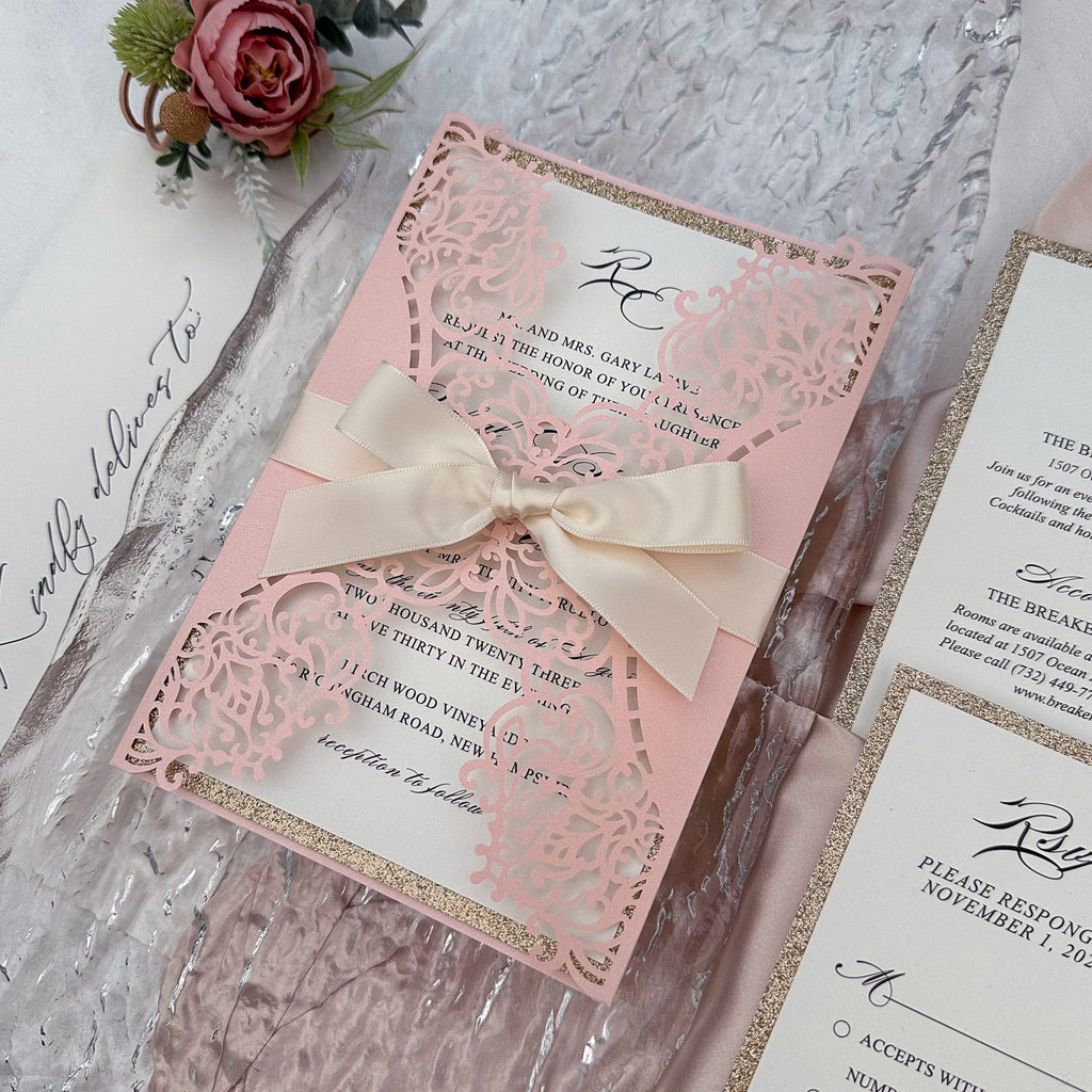 Elegant Blush Pink Laser Cut Wedding Invitations, Romantic Lace Wedding Invites, Glitter Rose Gold Lined Invites with Champagne Ribbon Picky Bride 