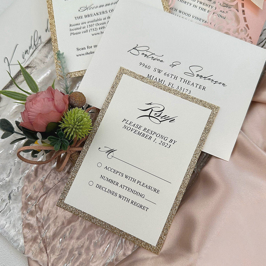 Elegant Blush Pink Laser Cut Wedding Invitations, Romantic Lace Wedding Invites, Glitter Rose Gold Lined Invites with Champagne Ribbon Picky Bride 