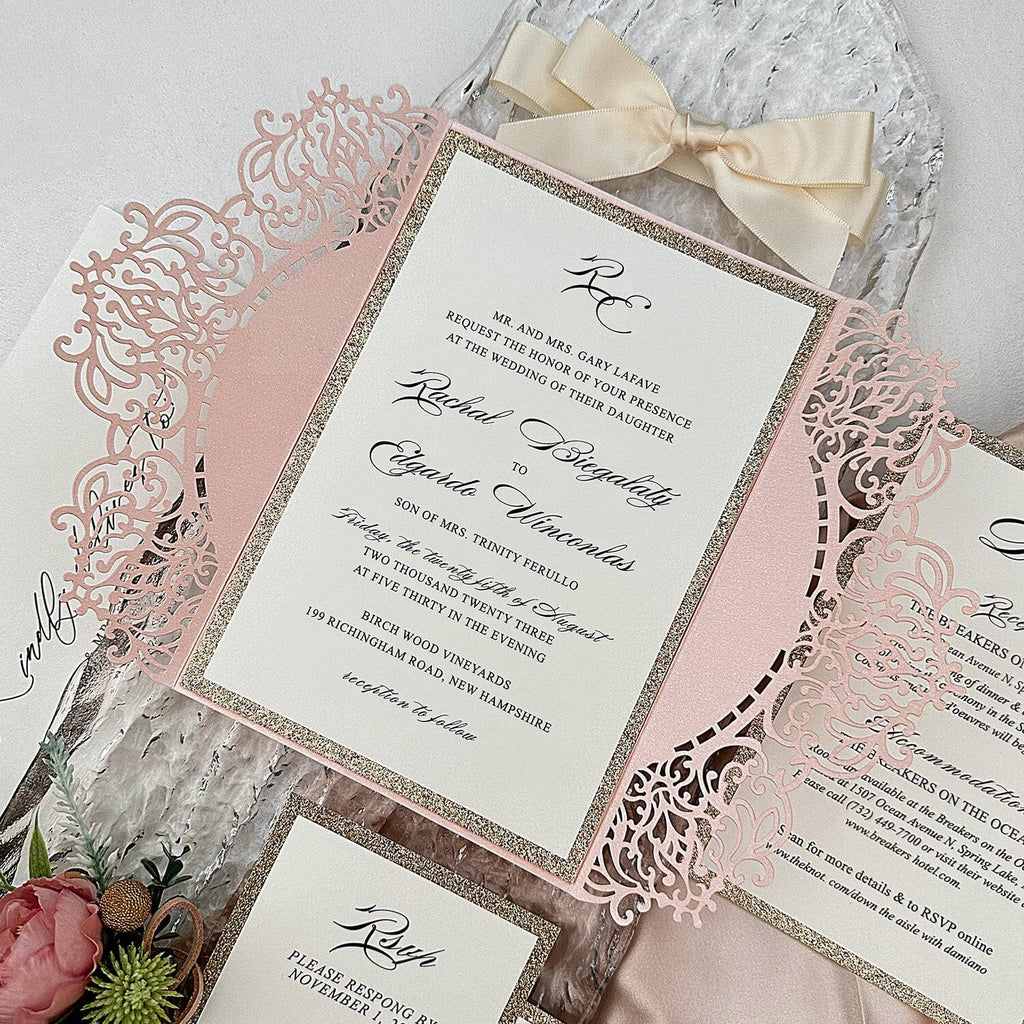 Elegant Blush Pink Laser Cut Wedding Invitations, Romantic Lace Wedding Invites, Glitter Rose Gold Lined Invites with Champagne Ribbon Picky Bride 