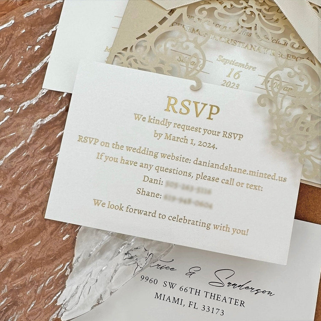 Elegant Champagne Laser Cut Wedding Invitation with RSVP, Gold Foil Printing Wedding Ceremony Supplies Picky Bride 