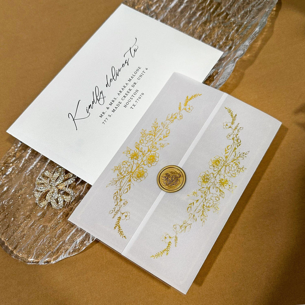 Elegant Clear Acrylic Wedding Invitations, Luxury Velvet Lined Invites with Gold Foil Vellum Wrap, Ivory and Beige Wedding Invitation with Customized Wax Seal Picky Bride 