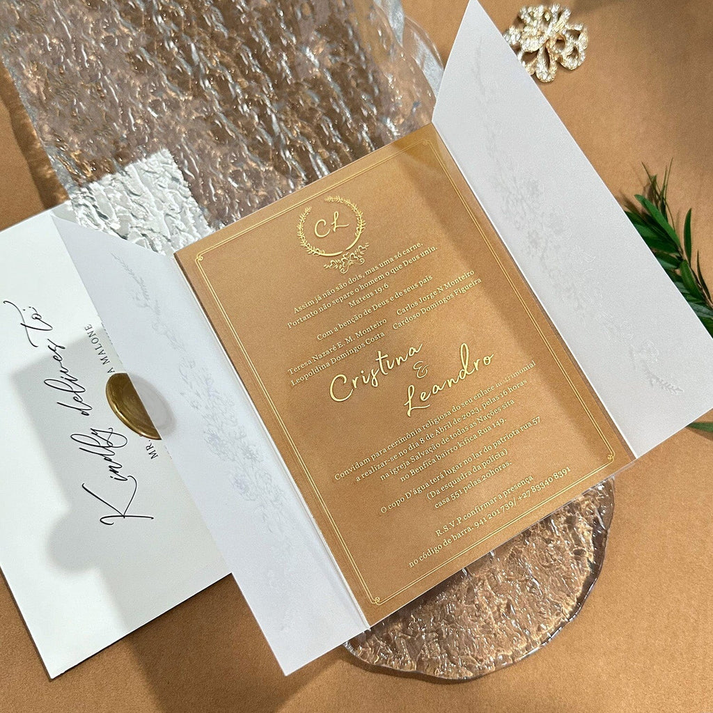 Elegant Clear Acrylic Wedding Invitations, Luxury Velvet Lined Invites with Gold Foil Vellum Wrap, Ivory and Beige Wedding Invitation with Customized Wax Seal Picky Bride 