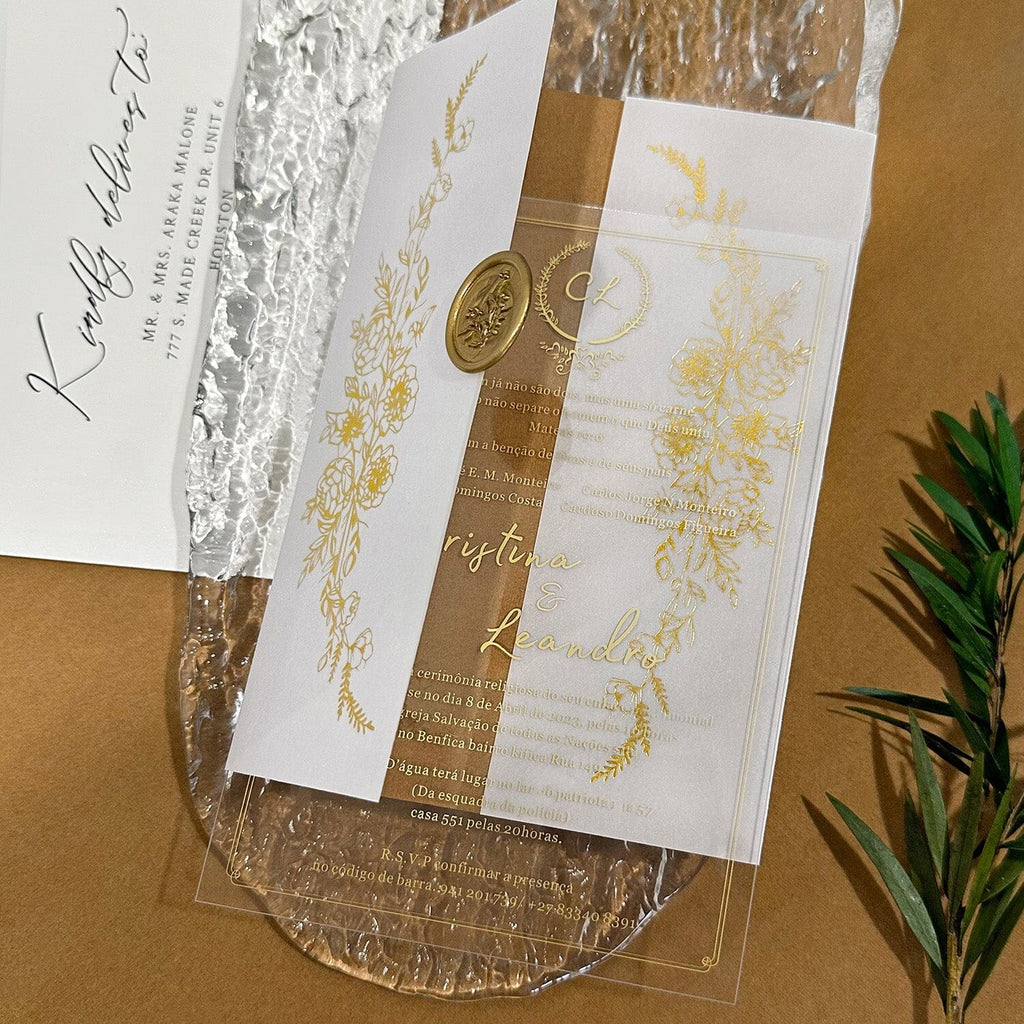 Elegant Clear Acrylic Wedding Invitations, Luxury Velvet Lined Invites with Gold Foil Vellum Wrap, Ivory and Beige Wedding Invitation with Customized Wax Seal Picky Bride 