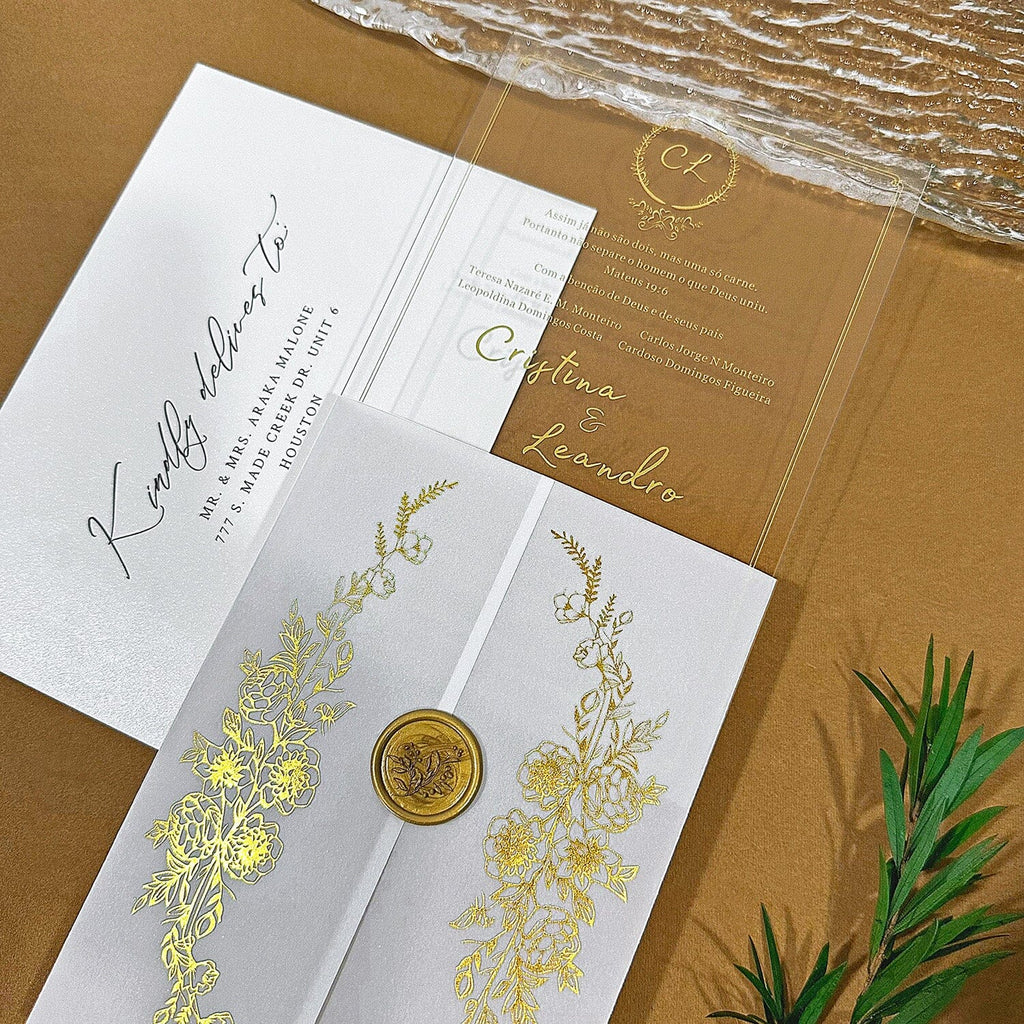 Elegant Clear Acrylic Wedding Invitations, Luxury Velvet Lined Invites with Gold Foil Vellum Wrap, Ivory and Beige Wedding Invitation with Customized Wax Seal Picky Bride 