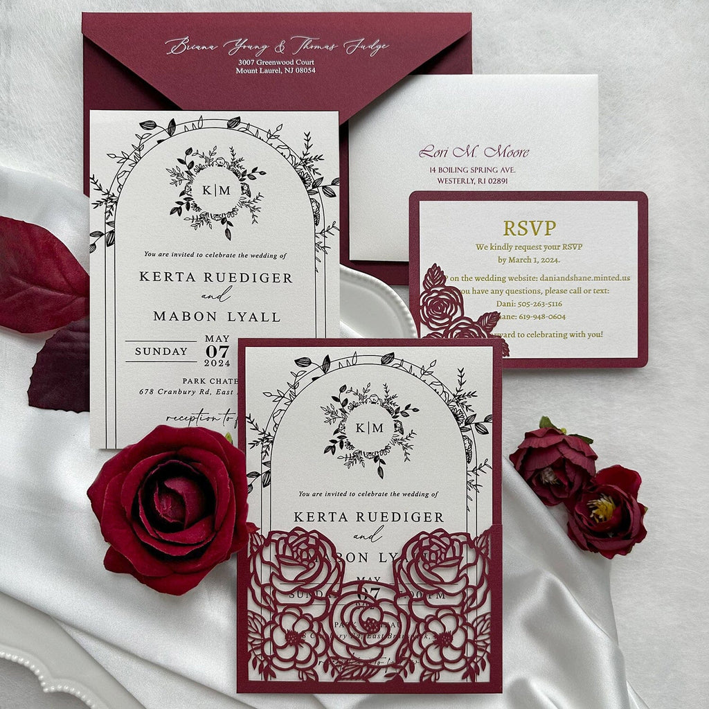 Elegant Floral Pocket Wedding Invitations, Romantic Burgundy Rose Wedding Invitation with RSVP Card, Envelope Addressing & Printing Service Wedding Ceremony Supplies Picky Bride 