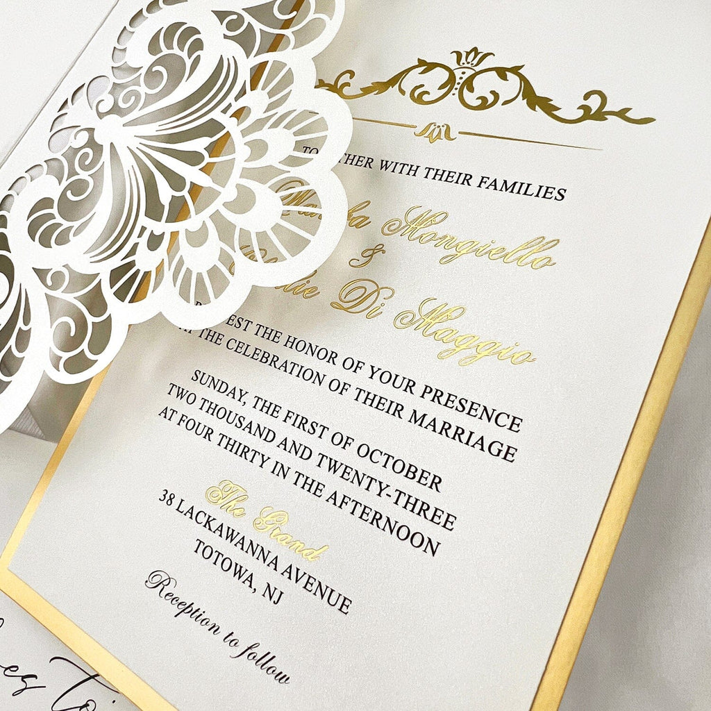 Elegant Gold and Ivory Laser Cut Wedding Invitation, Luxury Gold Foil Lined Invites with Vellum Belly Band, Royal Tri-Fold Pocket Invitations with RSVP Picky Bride 