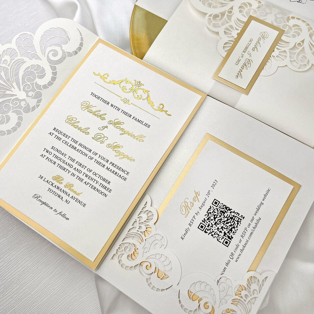 Elegant Gold and Ivory Laser Cut Wedding Invitation, Luxury Gold Foil Lined Invites with Vellum Belly Band, Royal Tri-Fold Pocket Invitations with RSVP Picky Bride 