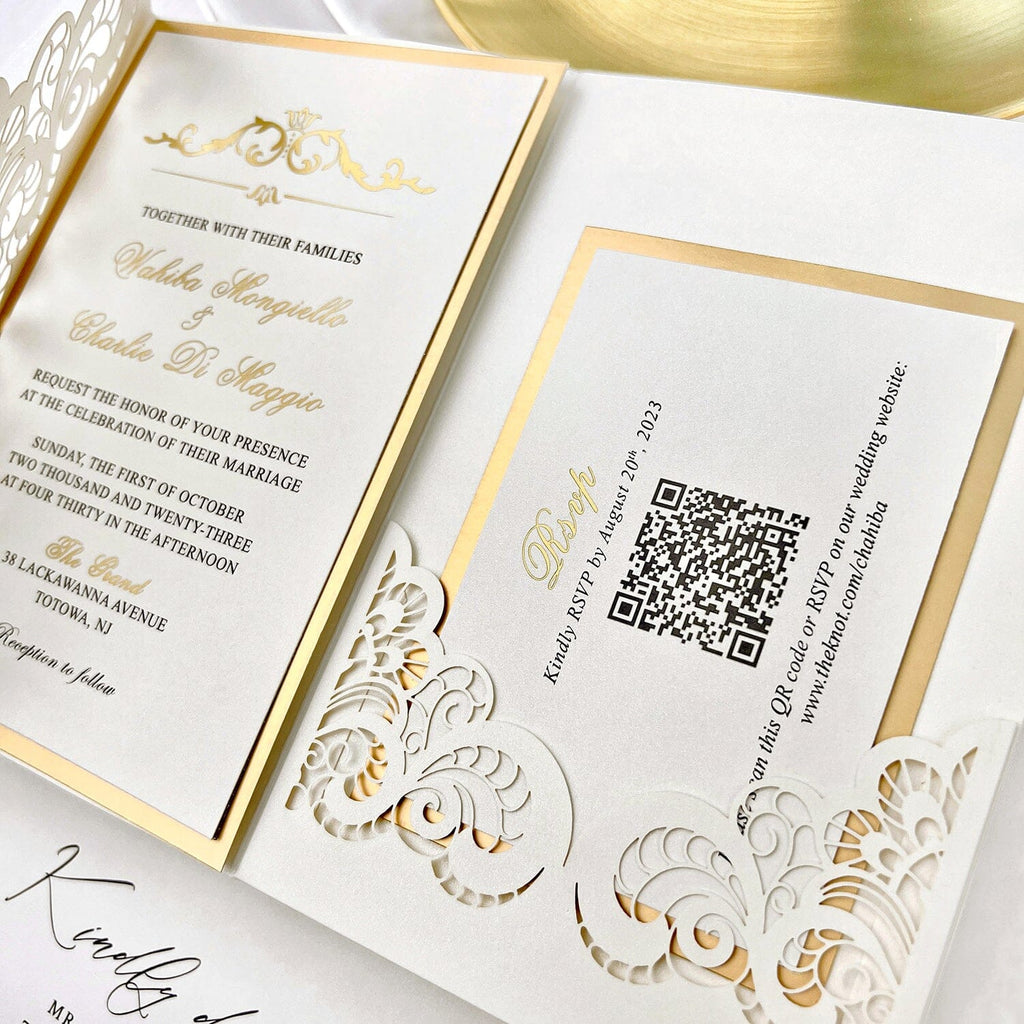 Elegant Gold and Ivory Laser Cut Wedding Invitation, Luxury Gold Foil Lined Invites with Vellum Belly Band, Royal Tri-Fold Pocket Invitations with RSVP Picky Bride 