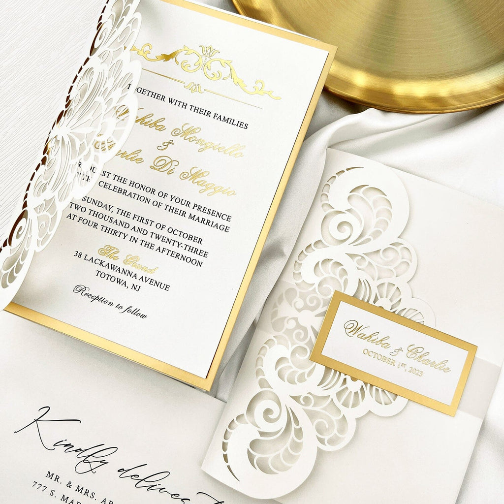 Elegant Gold and Ivory Laser Cut Wedding Invitation, Luxury Gold Foil Lined Invites with Vellum Belly Band, Royal Tri-Fold Pocket Invitations with RSVP Picky Bride 