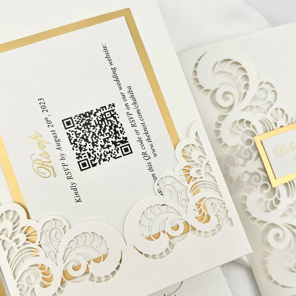 Elegant Gold and Ivory Laser Cut Wedding Invitation, Luxury Gold Foil Lined Invites with Vellum Belly Band, Royal Tri-Fold Pocket Invitations with RSVP Picky Bride 