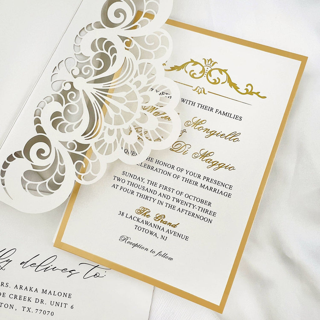 Elegant Gold and Ivory Laser Cut Wedding Invitation, Luxury Gold Foil Lined Invites with Vellum Belly Band, Royal Tri-Fold Pocket Invitations with RSVP Picky Bride 