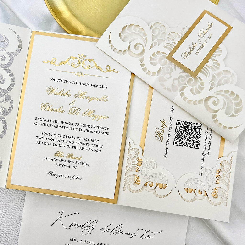 Elegant Gold and Ivory Laser Cut Wedding Invitation, Luxury Gold Foil Lined Invites with Vellum Belly Band, Royal Tri-Fold Pocket Invitations with RSVP Picky Bride 