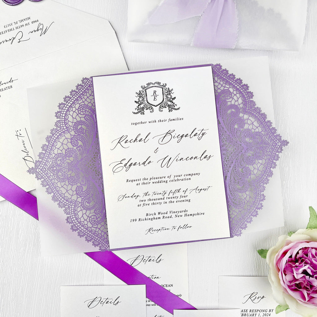 Elegant Lavender Laser Cut Wedding Invitation, Purple Lace Gatefold Invites with Vellum Wrap, Romantic Lilac Wedding Invitations with Hand Torn Silk Ribbon Wedding Ceremony Supplies Picky Bride 