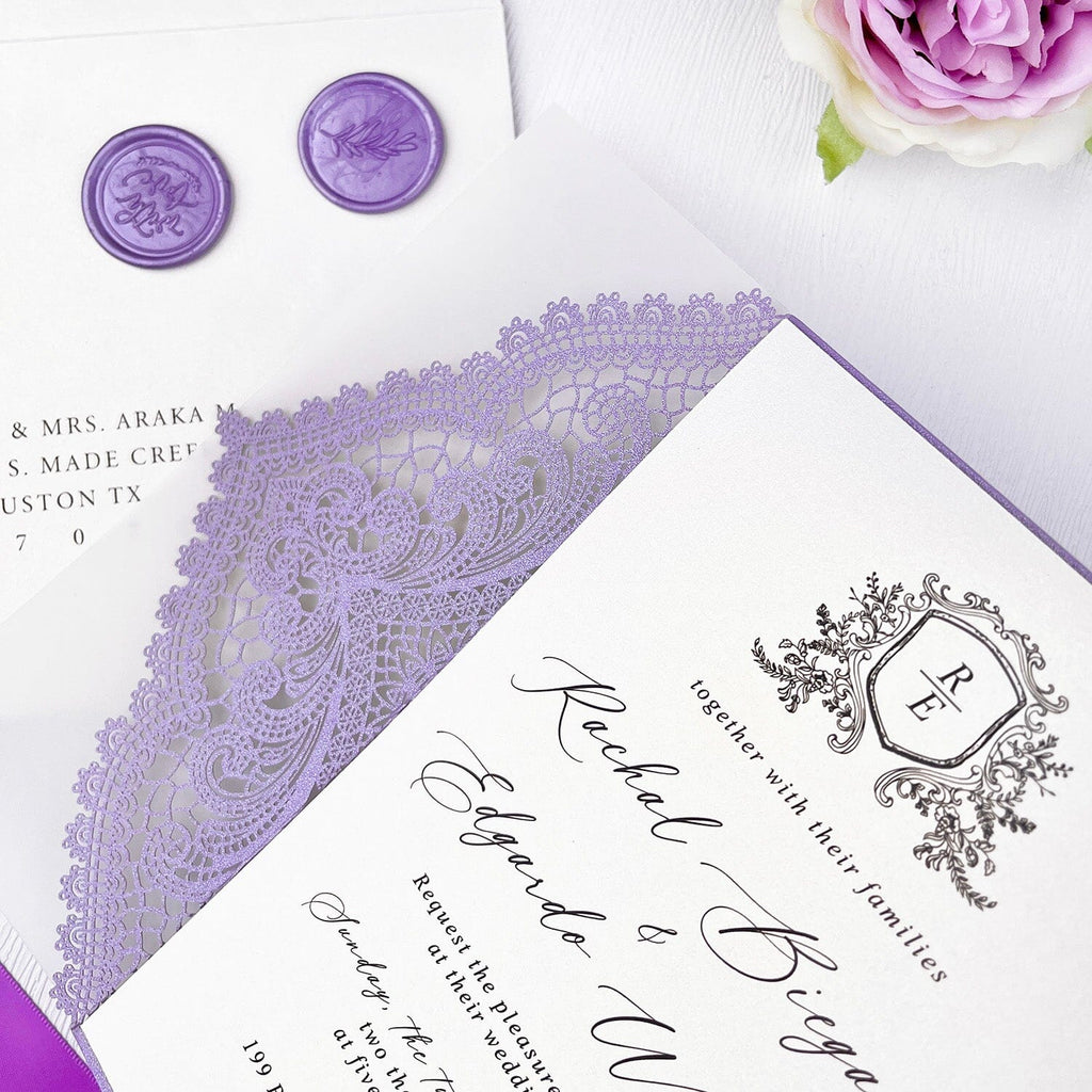 Elegant Lavender Laser Cut Wedding Invitation, Purple Lace Gatefold Invites with Vellum Wrap, Romantic Lilac Wedding Invitations with Hand Torn Silk Ribbon Wedding Ceremony Supplies Picky Bride 