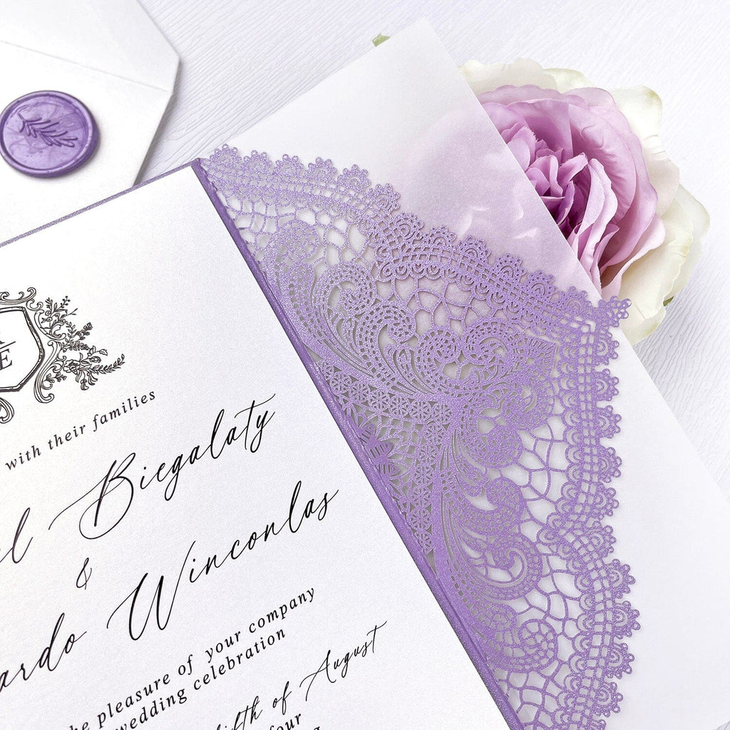 Elegant Lavender Laser Cut Wedding Invitation, Purple Lace Gatefold Invites with Vellum Wrap, Romantic Lilac Wedding Invitations with Hand Torn Silk Ribbon Wedding Ceremony Supplies Picky Bride 