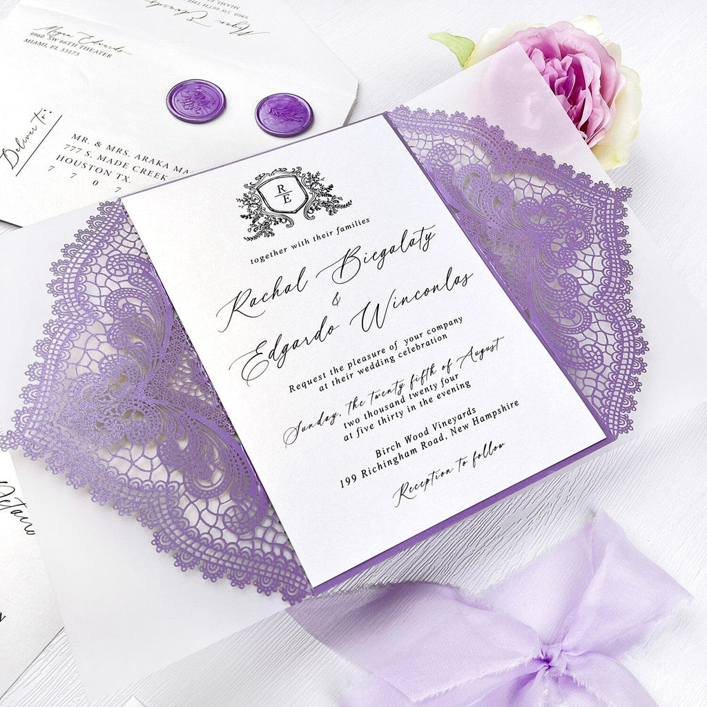 Elegant Lavender Laser Cut Wedding Invitation, Purple Lace Gatefold Invites with Vellum Wrap, Romantic Lilac Wedding Invitations with Hand Torn Silk Ribbon Wedding Ceremony Supplies Picky Bride 