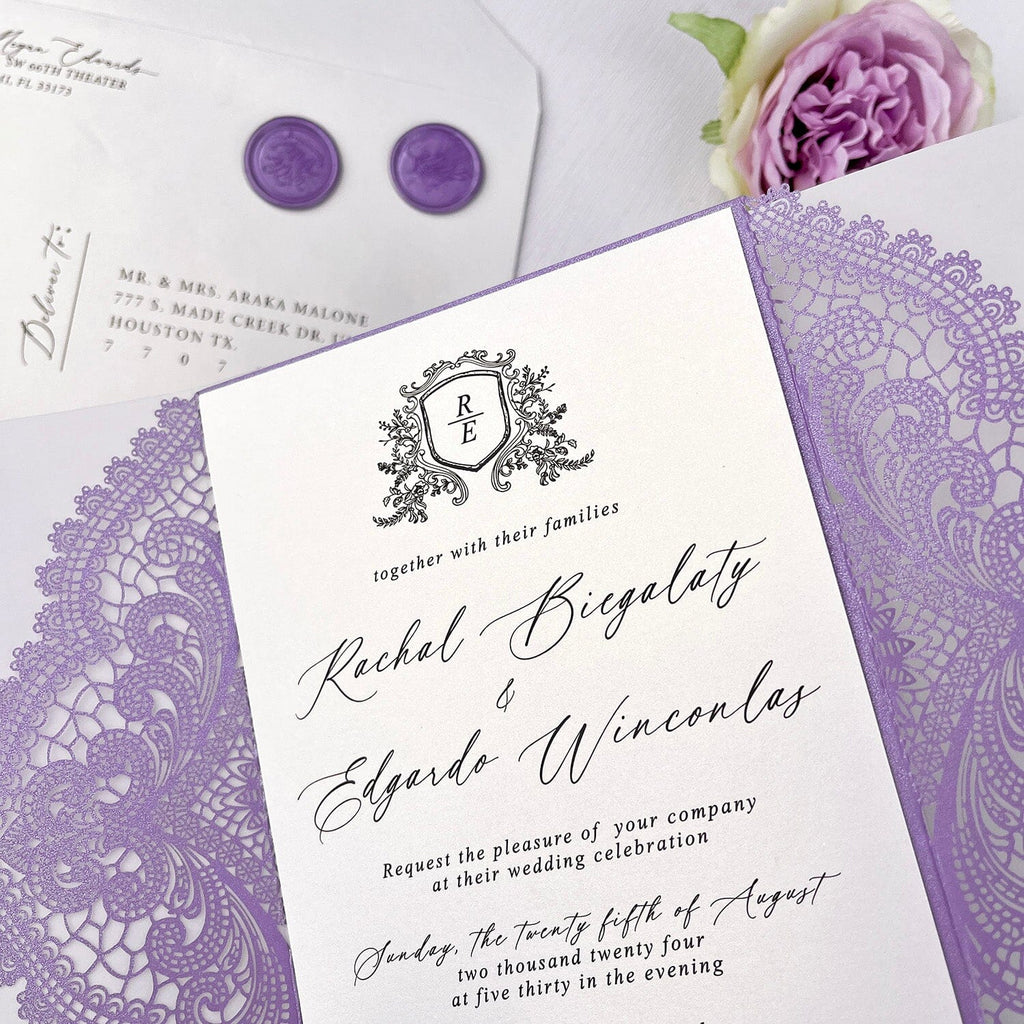 Elegant Lavender Laser Cut Wedding Invitation, Purple Lace Gatefold Invites with Vellum Wrap, Romantic Lilac Wedding Invitations with Hand Torn Silk Ribbon Wedding Ceremony Supplies Picky Bride 