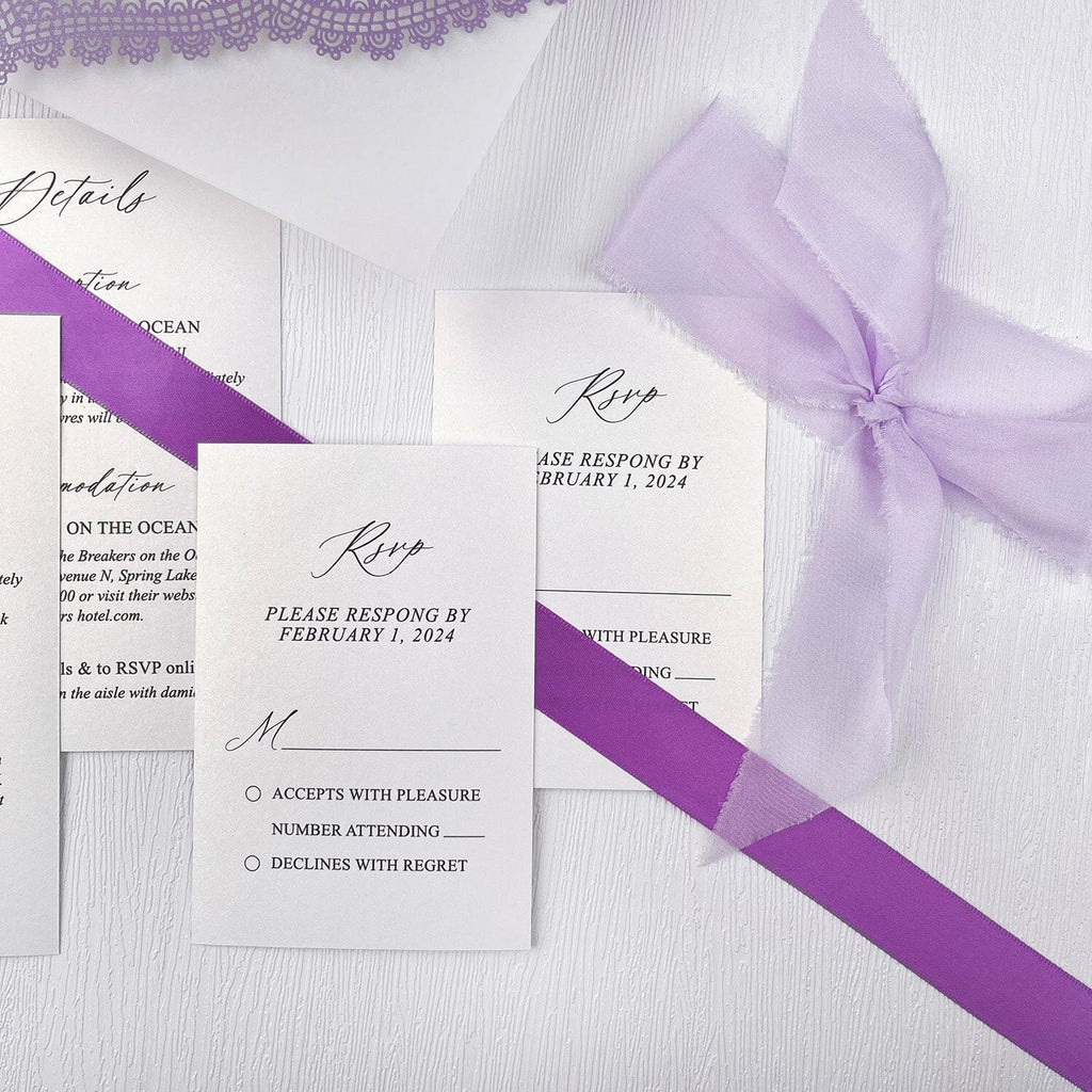 Elegant Lavender Laser Cut Wedding Invitation, Purple Lace Gatefold Invites with Vellum Wrap, Romantic Lilac Wedding Invitations with Hand Torn Silk Ribbon Wedding Ceremony Supplies Picky Bride 