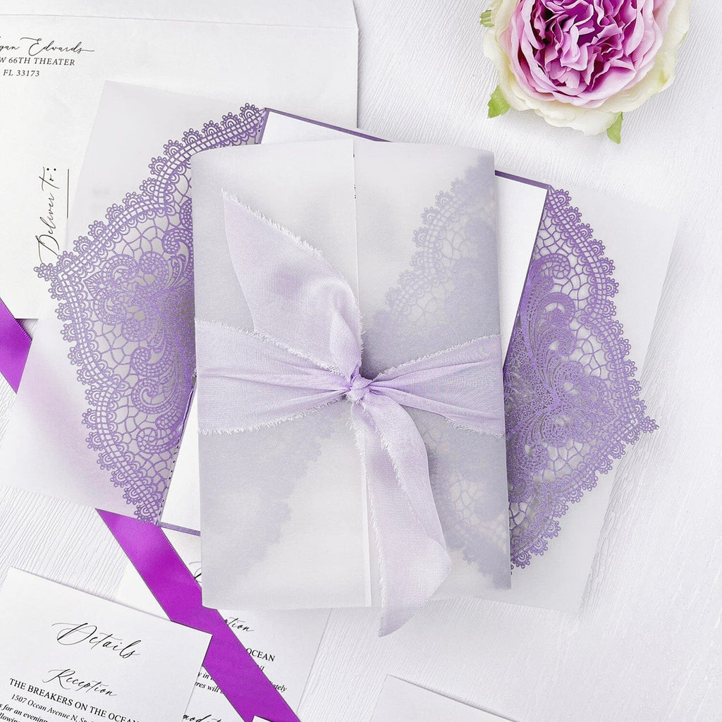 Elegant Lavender Laser Cut Wedding Invitation, Purple Lace Gatefold Invites with Vellum Wrap, Romantic Lilac Wedding Invitations with Hand Torn Silk Ribbon Wedding Ceremony Supplies Picky Bride 