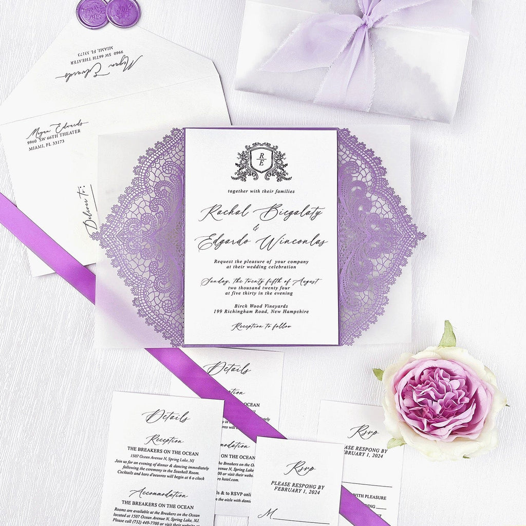 Elegant Lavender Laser Cut Wedding Invitation, Purple Lace Gatefold Invites with Vellum Wrap, Romantic Lilac Wedding Invitations with Hand Torn Silk Ribbon Wedding Ceremony Supplies Picky Bride 