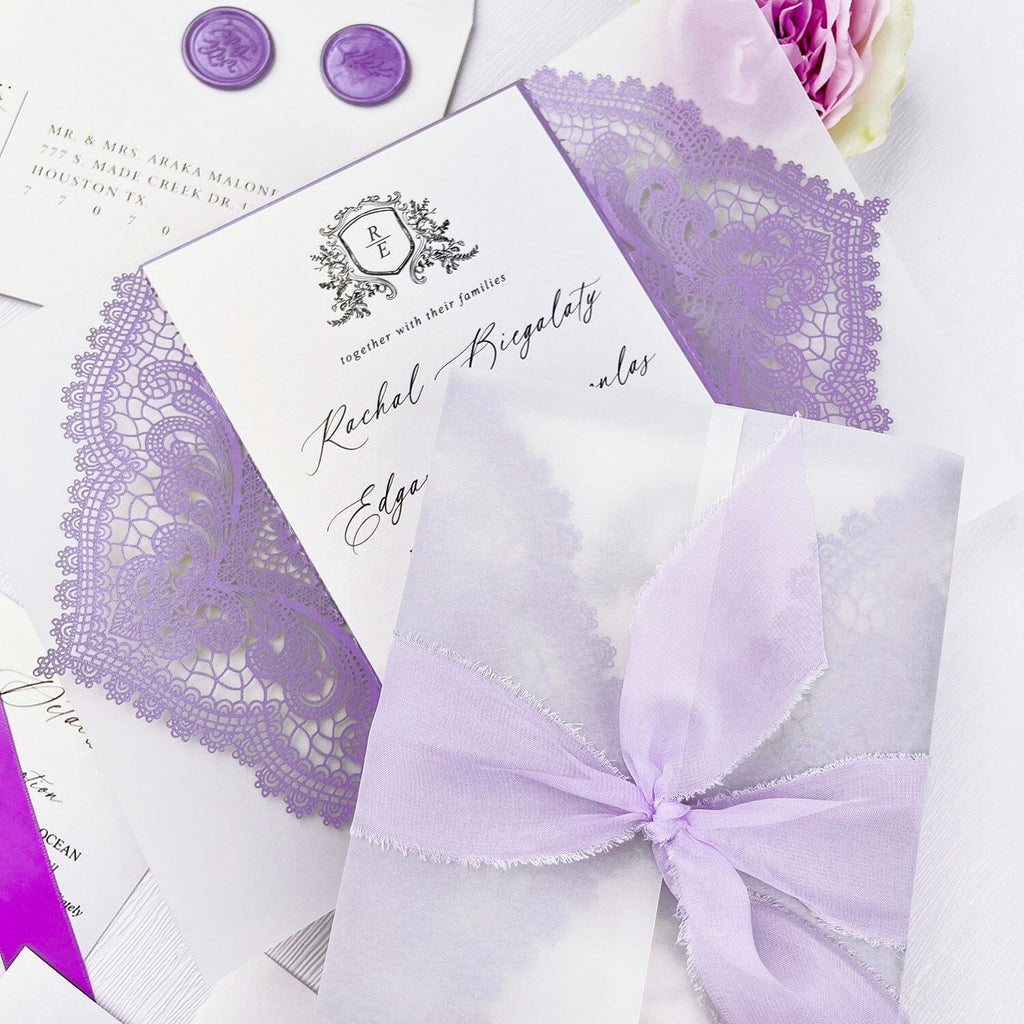 Elegant Lavender Laser Cut Wedding Invitation, Purple Lace Gatefold Invites with Vellum Wrap, Romantic Lilac Wedding Invitations with Hand Torn Silk Ribbon Wedding Ceremony Supplies Picky Bride 