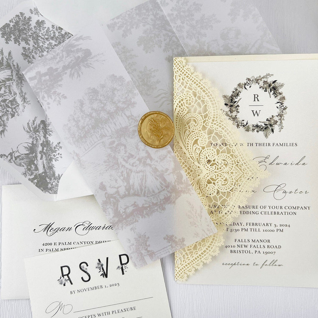 Elegant Yellow and White Lace Wedding Invitations, Romantic Printed Vellum Wrap Invites with Gold Wax Seal, Fine Art Lined Envelopes Invitation Wedding Ceremony Supplies Picky Bride 