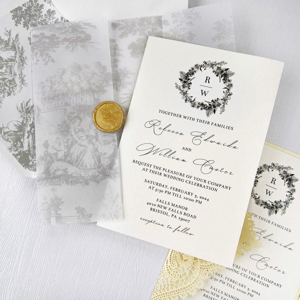 Elegant Yellow and White Lace Wedding Invitations, Romantic Printed Vellum Wrap Invites with Gold Wax Seal, Fine Art Lined Envelopes Invitation Wedding Ceremony Supplies Picky Bride 