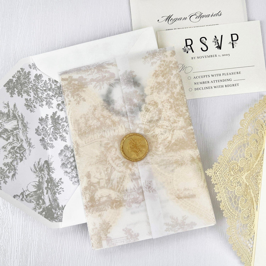 Elegant Yellow and White Lace Wedding Invitations, Romantic Printed Vellum Wrap Invites with Gold Wax Seal, Fine Art Lined Envelopes Invitation Wedding Ceremony Supplies Picky Bride 