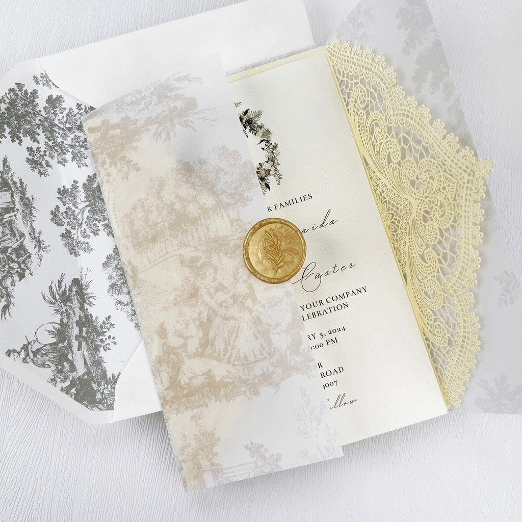 Elegant Yellow and White Lace Wedding Invitations, Romantic Printed Vellum Wrap Invites with Gold Wax Seal, Fine Art Lined Envelopes Invitation Wedding Ceremony Supplies Picky Bride 