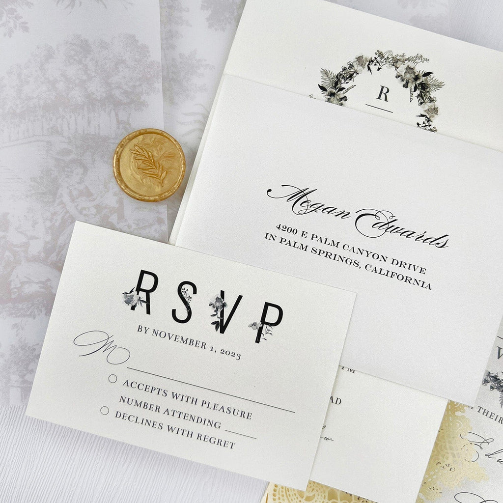 Elegant Yellow and White Lace Wedding Invitations, Romantic Printed Vellum Wrap Invites with Gold Wax Seal, Fine Art Lined Envelopes Invitation Wedding Ceremony Supplies Picky Bride 