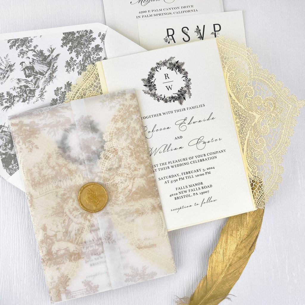 Elegant Yellow and White Lace Wedding Invitations, Romantic Printed Vellum Wrap Invites with Gold Wax Seal, Fine Art Lined Envelopes Invitation Wedding Ceremony Supplies Picky Bride 