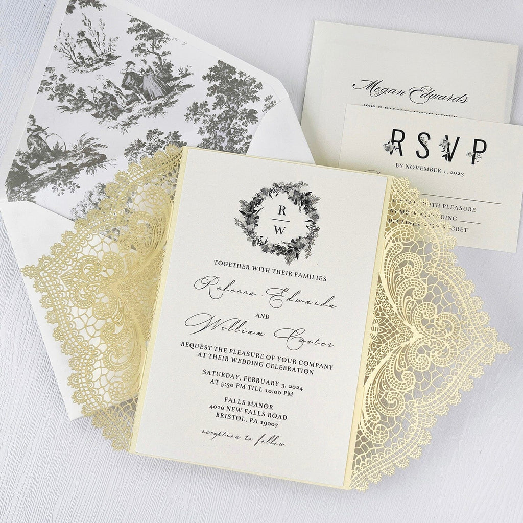 Elegant Yellow and White Lace Wedding Invitations, Romantic Printed Vellum Wrap Invites with Gold Wax Seal, Fine Art Lined Envelopes Invitation Wedding Ceremony Supplies Picky Bride 