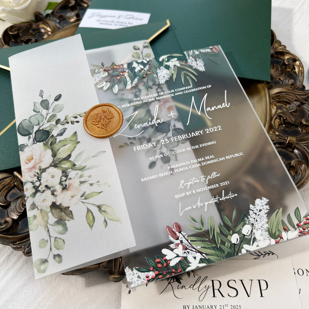 Emerald Green Frosted Acrylic Wedding Invitation Suite, Vellum Greenery Eucalyptus Transparent Invites with Gold Wax Seal, Printable Rsvp, Details Card Wedding Ceremony Supplies Picky Bride 