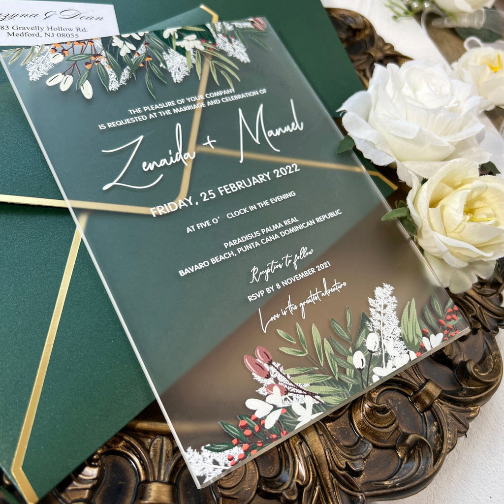 Emerald Green Frosted Acrylic Wedding Invitation Suite, Vellum Greenery Eucalyptus Transparent Invites with Gold Wax Seal, Printable Rsvp, Details Card Wedding Ceremony Supplies Picky Bride 