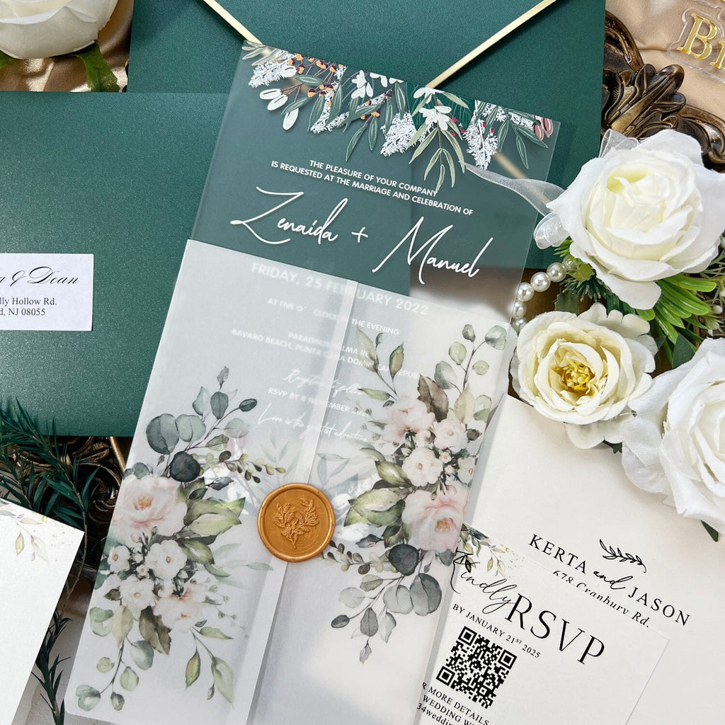 Emerald Green Frosted Acrylic Wedding Invitation Suite, Vellum Greenery Eucalyptus Transparent Invites with Gold Wax Seal, Printable Rsvp, Details Card Wedding Ceremony Supplies Picky Bride 