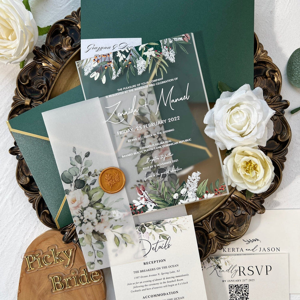 Emerald Green Frosted Acrylic Wedding Invitation Suite, Vellum Greenery Eucalyptus Transparent Invites with Gold Wax Seal, Printable Rsvp, Details Card Wedding Ceremony Supplies Picky Bride 